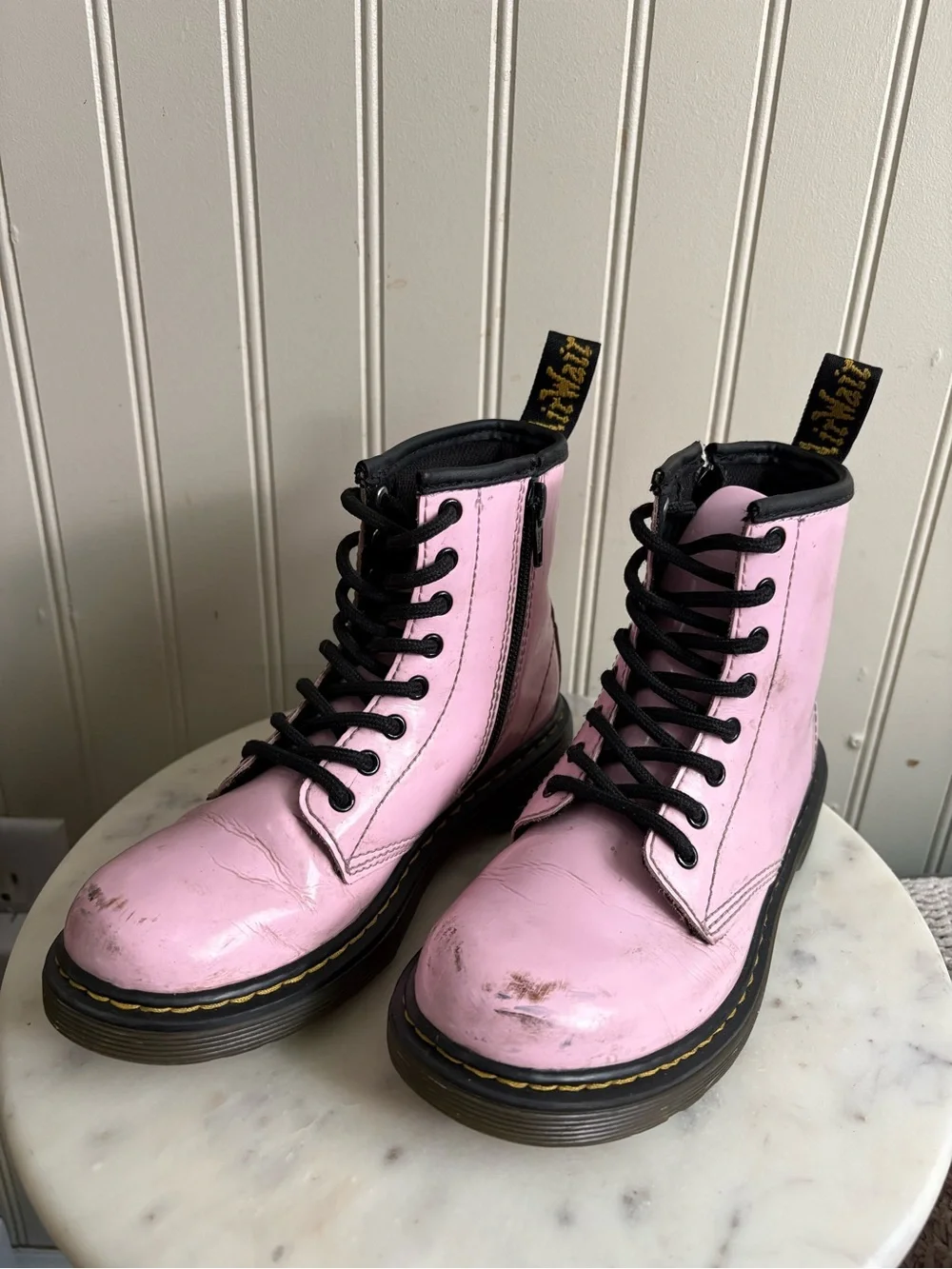 Dr Martens Patent Leather Combat Boots Youth Girls 1 Pink & Black Moto Cool Boho